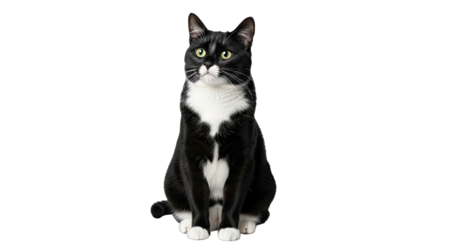 A Black And White Tuxedo Cat With Green Eyes Sits Serenely On A Transparent Background With A Detailed Fur Coat And White Paws