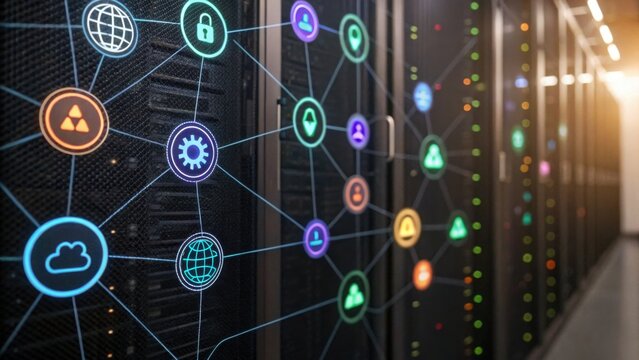 A modern server room showcasing connected data nodes with colorful icons representing various technologies and processes.