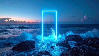 Vibrant blue rectangle glows against a coastal sunrise, waves crashing around rocks, creating a surreal scene