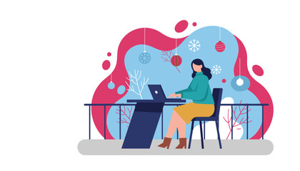 Remote work concept woman using laptop outdoors in a festive winter scene