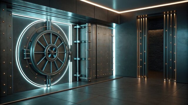 A futuristic vault door in a sleek, metallic environment, illuminated by blue lights, emphasizing security and advanced design.