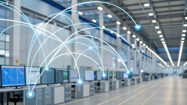 A modern industrial setup featuring multiple screens and digital connections, emphasizing technology and data flow in a spacious environment.