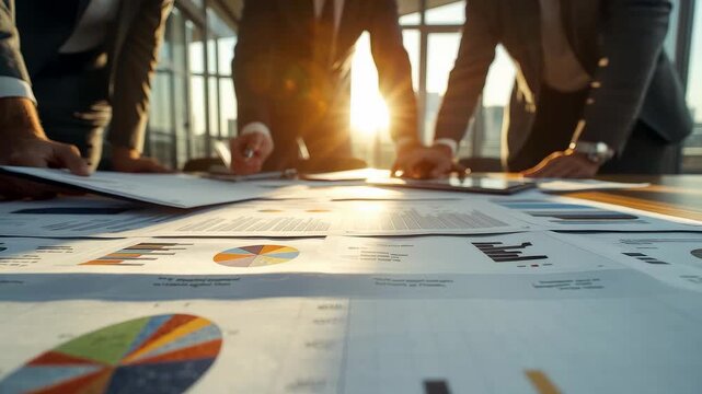 Business Team Analyzing Financial Charts and Graphs on Table with Sunlight from Windows