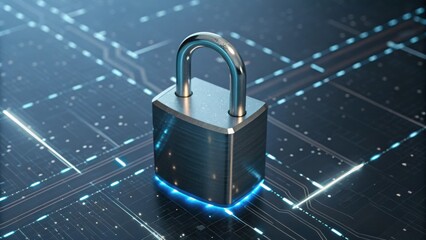 A metallic padlock sits on a digital circuit board, symbolizing security and protection in a technology-driven environment.