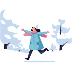A joyful woman in a blue coat and pink scarf runs with open arms through a snowy winter landscape.