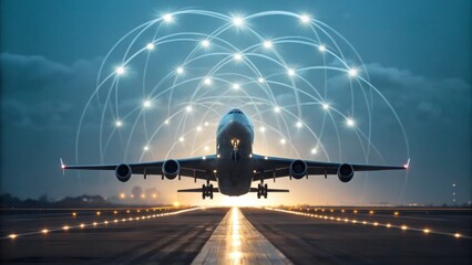An aircraft takes off at night, illuminated by bright lights, with glowing arcs above, creating a striking visual effect on the runway.