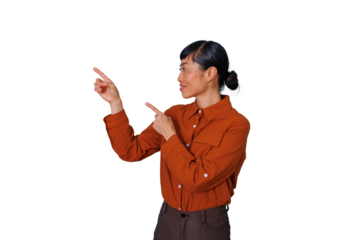 Asian woman smiling and pointing both hands, directing attention to content on a transparent background