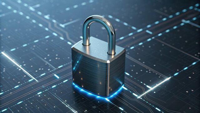 A metallic padlock sits on a digital circuit board, symbolizing security and protection in a technology-driven environment. - Powered by Adobe