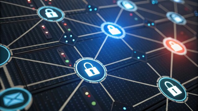 A digital network illustration featuring interconnected nodes and padlocks, symbolizing cybersecurity and data protection.
