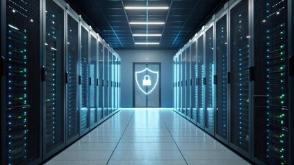 A modern data center hallway featuring server racks illuminated with blue lights, emphasizing cybersecurity with a shield and lock graphic.