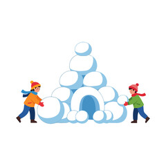 Two children building a large igloo out of snowballs on a white background.