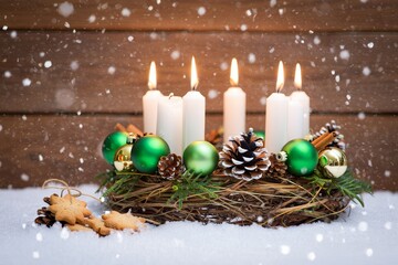Festive Advent Wreath with Burning Candles and Decorations