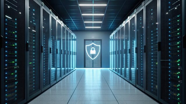 A modern data center hallway featuring server racks illuminated with blue lights, emphasizing cybersecurity with a shield and lock graphic.