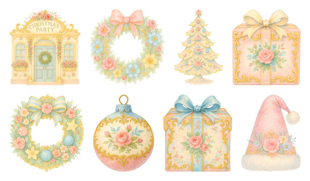 PNG Vintage pastel Christmas decorations illustration, element set on transparent background