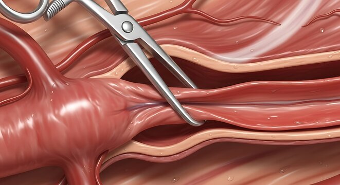 Close-up of surgical scissors dissecting a human artery and vein