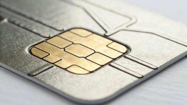 A close-up view of a metallic credit card, showcasing the embedded chip, highlighting its sleek design and technological features.