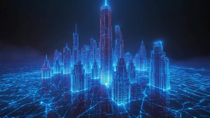 Glowing Blue Neon Digital City Skyline with Skyscrapers on Grid Surface at Night - Powered by Adobe