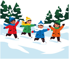 Children playing in the snow near evergreen trees.