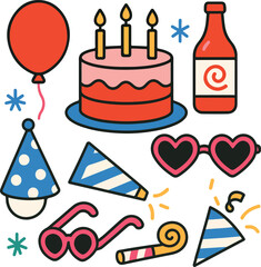 Vibrant Birthday Celebration Elements Flat Vector Party Icons on White