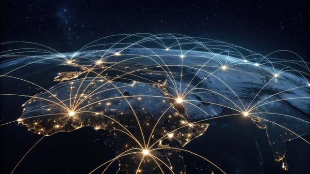 A digital representation of the Earth highlighting interconnected networks of communication and data transfer, illuminated by city lights against a starry background.