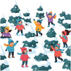 Children playing in a snowy forest, throwing snowballs and enjoying the winter weather.