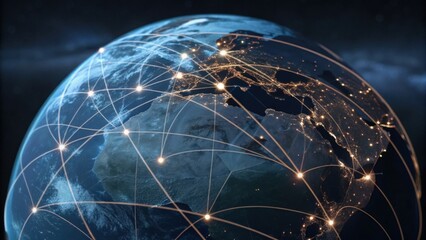 A digital depiction of Earth showcasing interconnected networks with bright lines representing global communications and data exchange.