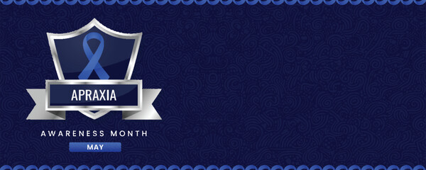 Apraxia Awareness Month in May: Blue Ribbon and Shield on a Stylized Dark Blue Background for International Recognition
