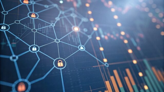 A digital network graphic displaying interconnected nodes and security symbols, illustrating data connections and analytics in a modern technological environment.