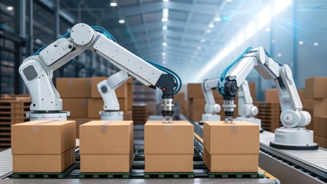 A modern warehouse featuring robotic arms efficiently handling and packaging boxes on a conveyor system. - Powered by Adobe
