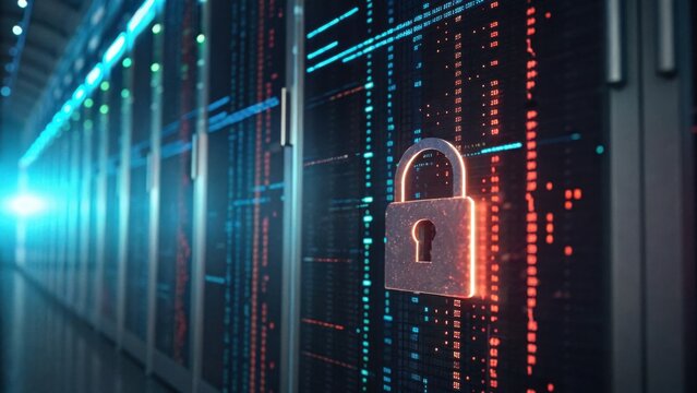 A digital lock symbol overlays a backdrop of illuminated server racks, representing cybersecurity and data protection in a high-tech environment.