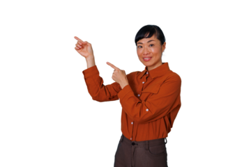 Asian woman marketing a product or service. She is presenting information and directing attention, symbolizing choice and guidance