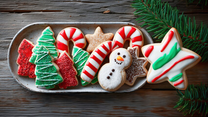 Fictional Christmas assorted cookies with green, red and white icing in a plate on a wooden table with pine tree branches. Concept for festive visuals, easy holiday recipes. 