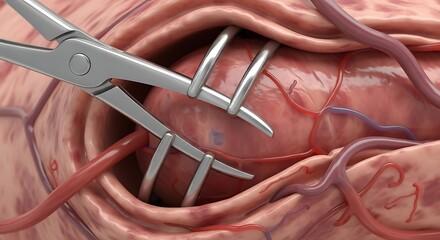 Close-up of surgical forceps manipulating a human organ with visible blood vessels