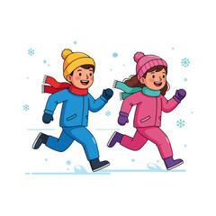 Two children running in the snow, wearing winter clothes and hats.