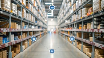 A modern warehouse interior showcasing organized shelves with a digital overlay representing inventory tracking and management.