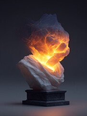 An Artistic Representation of a Stone Sculpture Featuring Fiery Elements and Abstract Forms