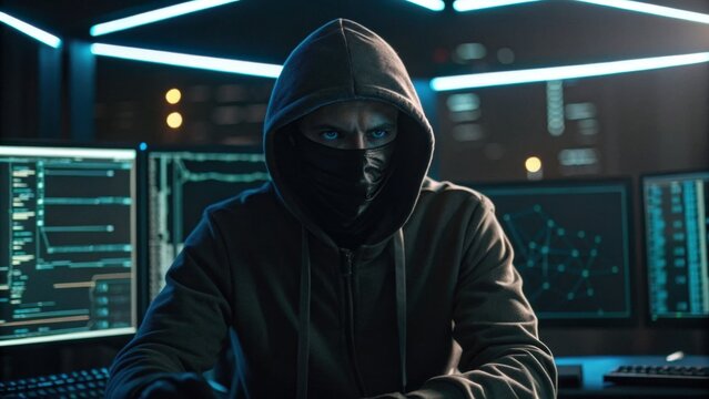 A mysterious figure in a hoodie sits before multiple screens, exuding an air of secrecy, likely engaged in cyber activities.