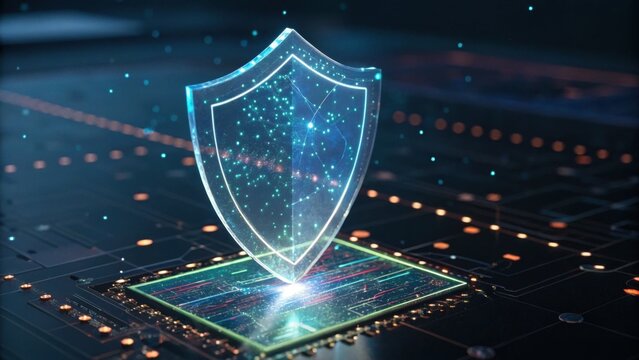 A digital shield icon symbolizes cybersecurity, set against a futuristic circuit board background, highlighting technology and protection.