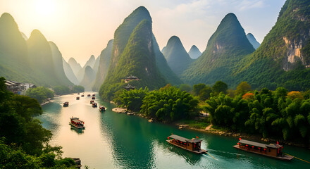 Majestic karst mountains rise above a serene river with boats