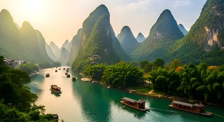 Crédence de cuisine Guilin Majestic karst mountains rise above a serene river with boats  © Sid