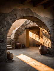 Ancient Interior with Stone Archway, Staircase, and Decorative Pottery Pieces