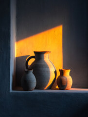Artistic Still Life of Pottery Vessels Illuminated by Golden Sunlight in a Serene Setting