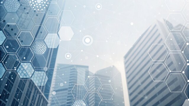 A futuristic cityscape featuring modern skyscrapers, overlaid with geometric patterns and digital connections, symbolizing technology and innovation. - Powered by Adobe