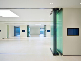 Modern interior with glass folding partitions and screens