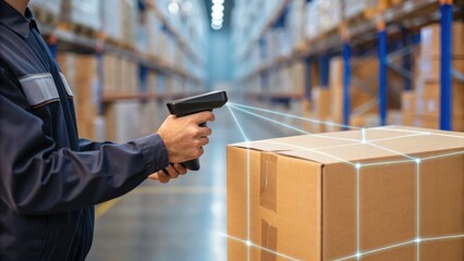 A warehouse worker scans a barcode on a package with a handheld device, surrounded by shelves filled with stacked boxes.