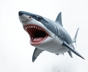 A high-resolution realistic great white shark image featuring sharp details, lifelike textures, and a dynamic swimming pose. Perfect for educational content, marine life blogs, and wildlife design pro