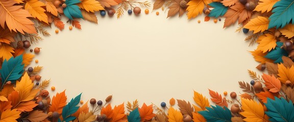 Autumn inspired frame with colorful leaves nuts and space for text or design in center