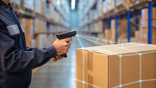 A warehouse worker scans a barcode on a package with a handheld device, surrounded by shelves filled with stacked boxes.