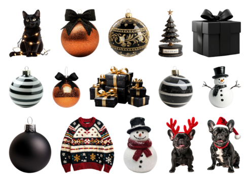 PNG Festive holiday decorations and gifts, element set on transparent background