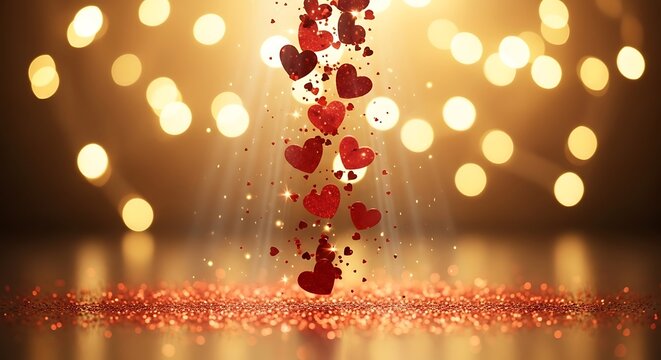 Falling red hearts and glitter with bokeh lights background - Powered by Adobe
